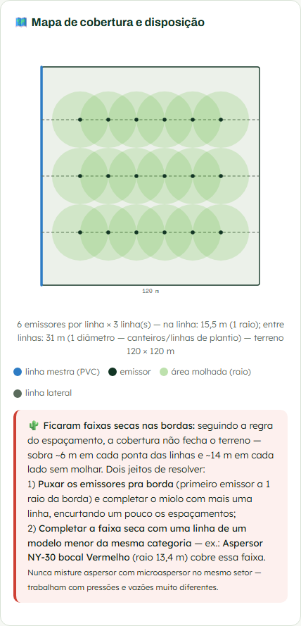Captura real do app: diagnóstico de faixas secas nas bordas com duas soluções sugeridas, incluindo o modelo exato de aspersor que cobre a faixa
